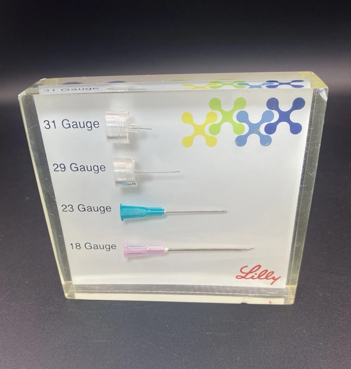 Lilly Pharma Salesman Needles in Resin Sample Advertising Store Display 4”x 3.5”