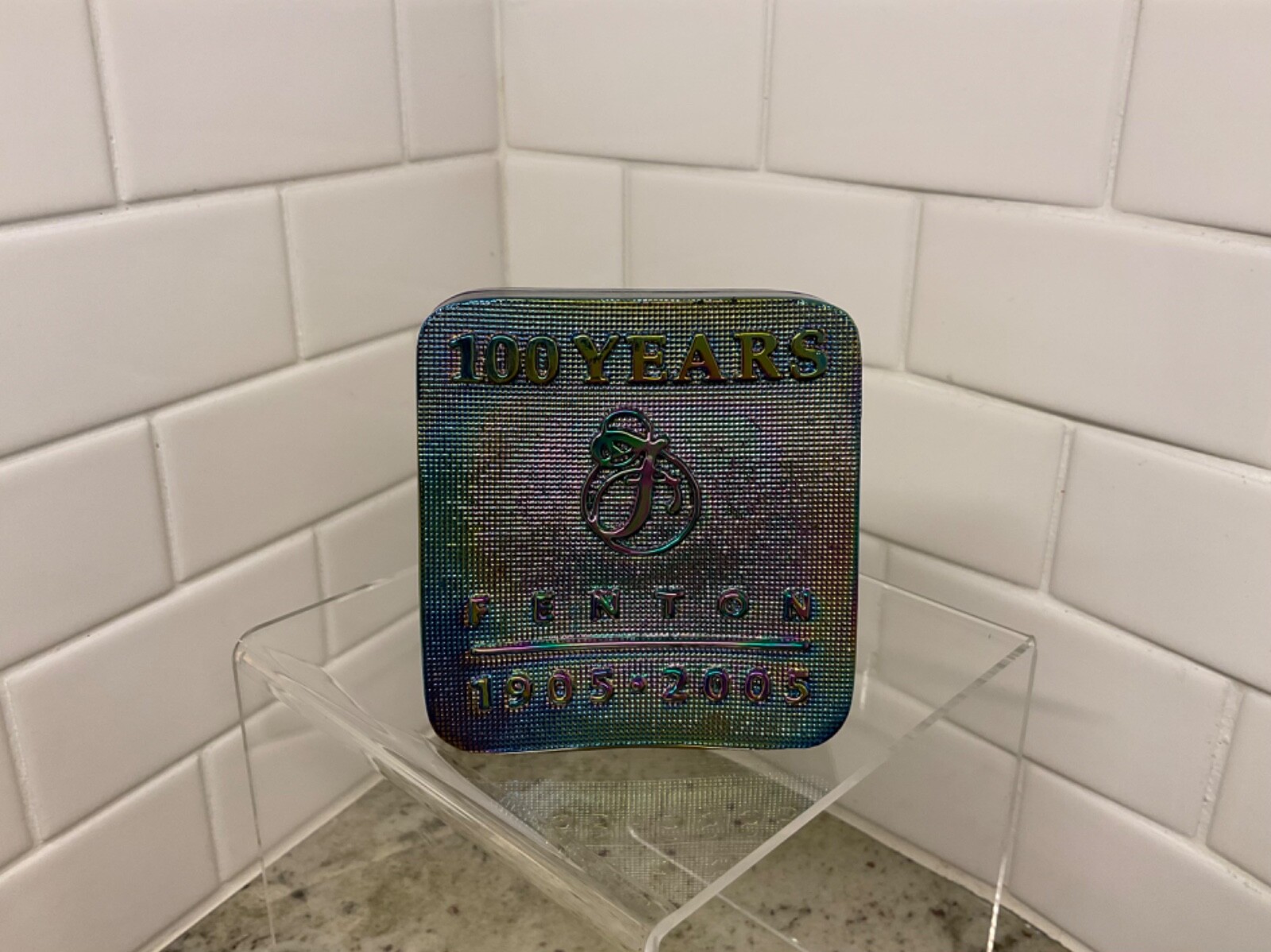 FENTON 100 Year Anniversary Logo Dealer Sign Paperweight Carnival Glass Vintage