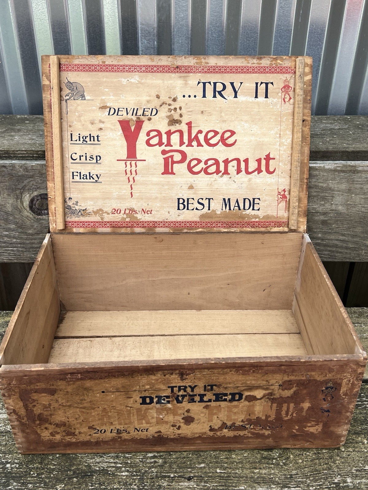Antique Yankee Deviled Peanuts Advertising Store Counter Display Wood Crate Box