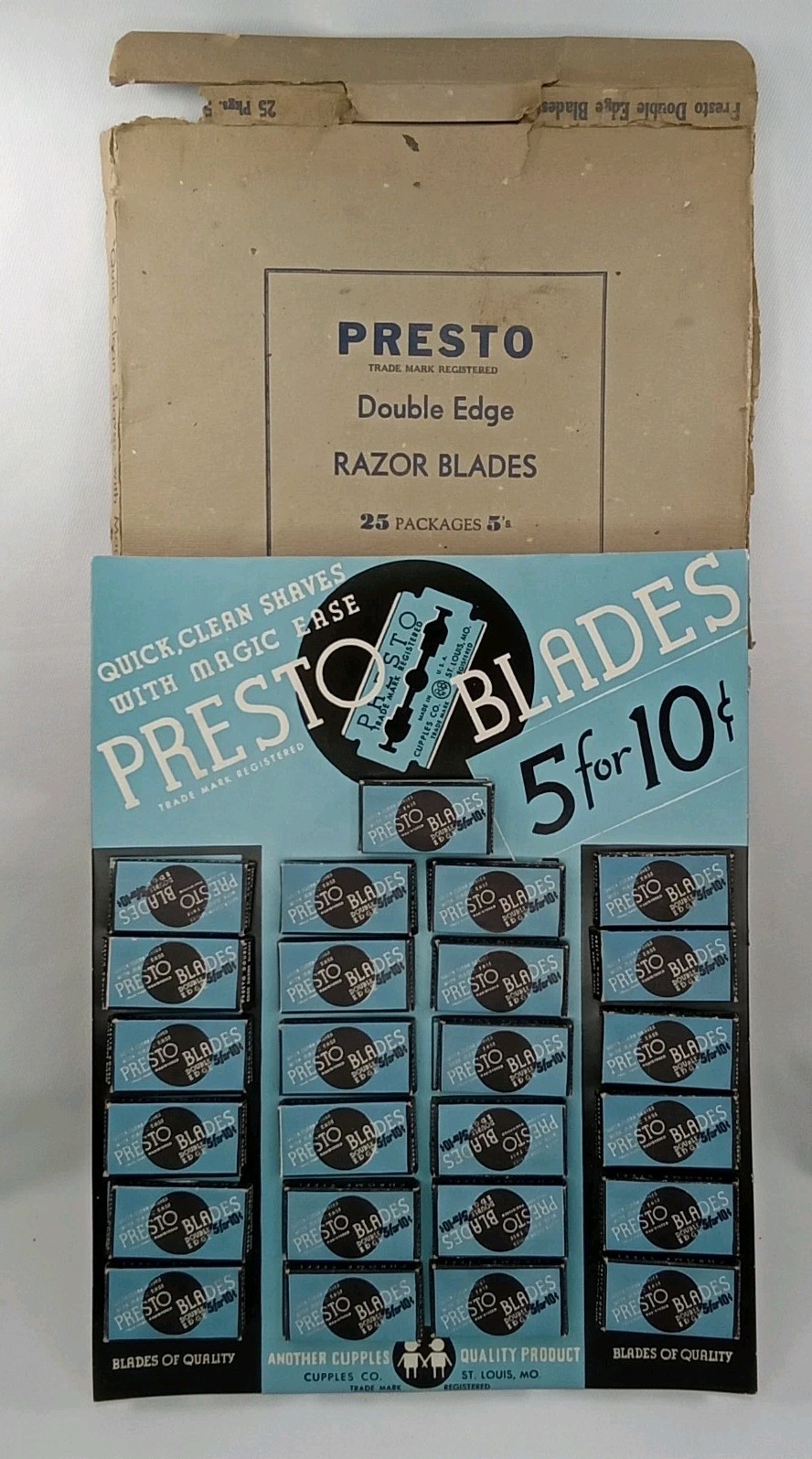 Vintage 1940s Presto Razor Blades Store Display With Original Box & Product NOS