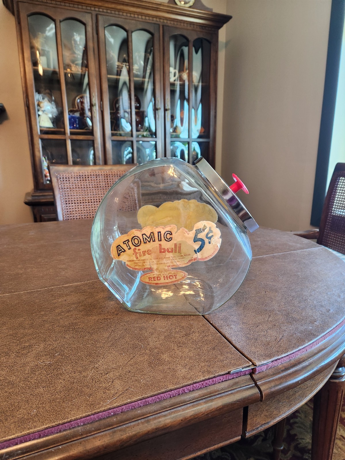 Vintage 1970s Ferrara Pan Glass 5 Cent Atomic Fireball Glass Jar w/ Metal Lid