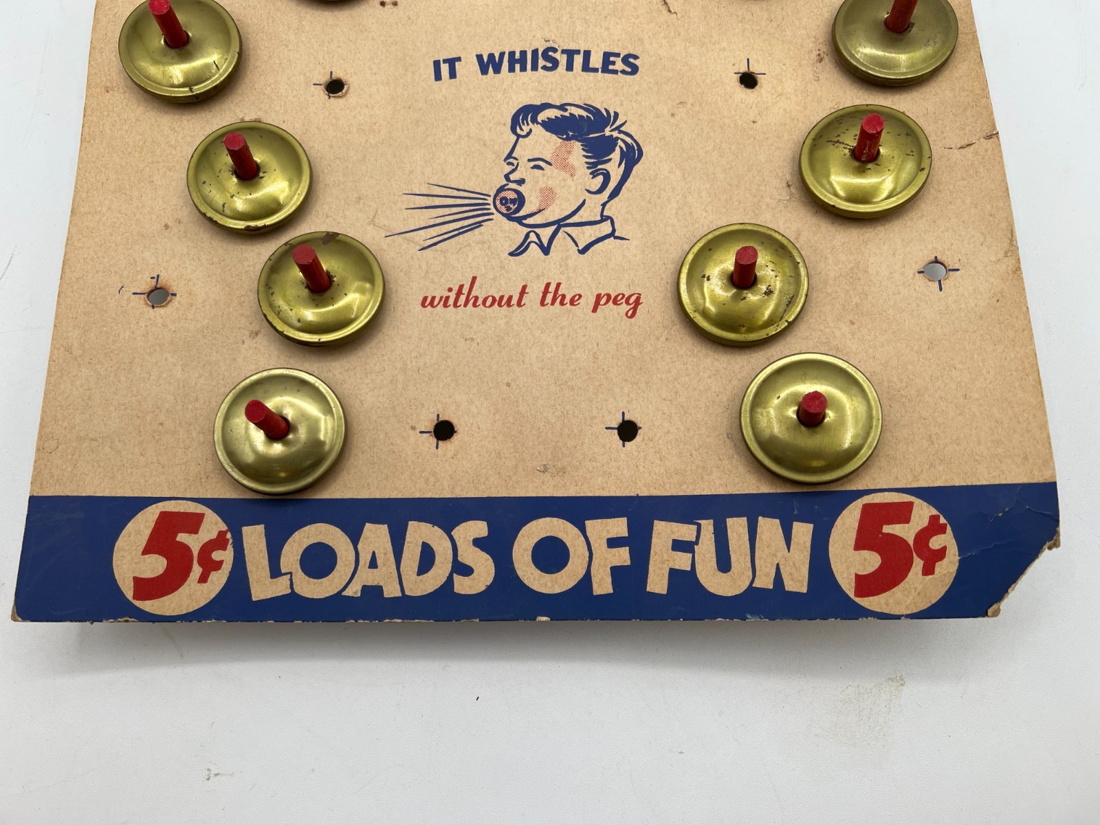 Vintage Plattner 1940’s Spinning Whistle Store Display Card w/ 12 Spinning Tops