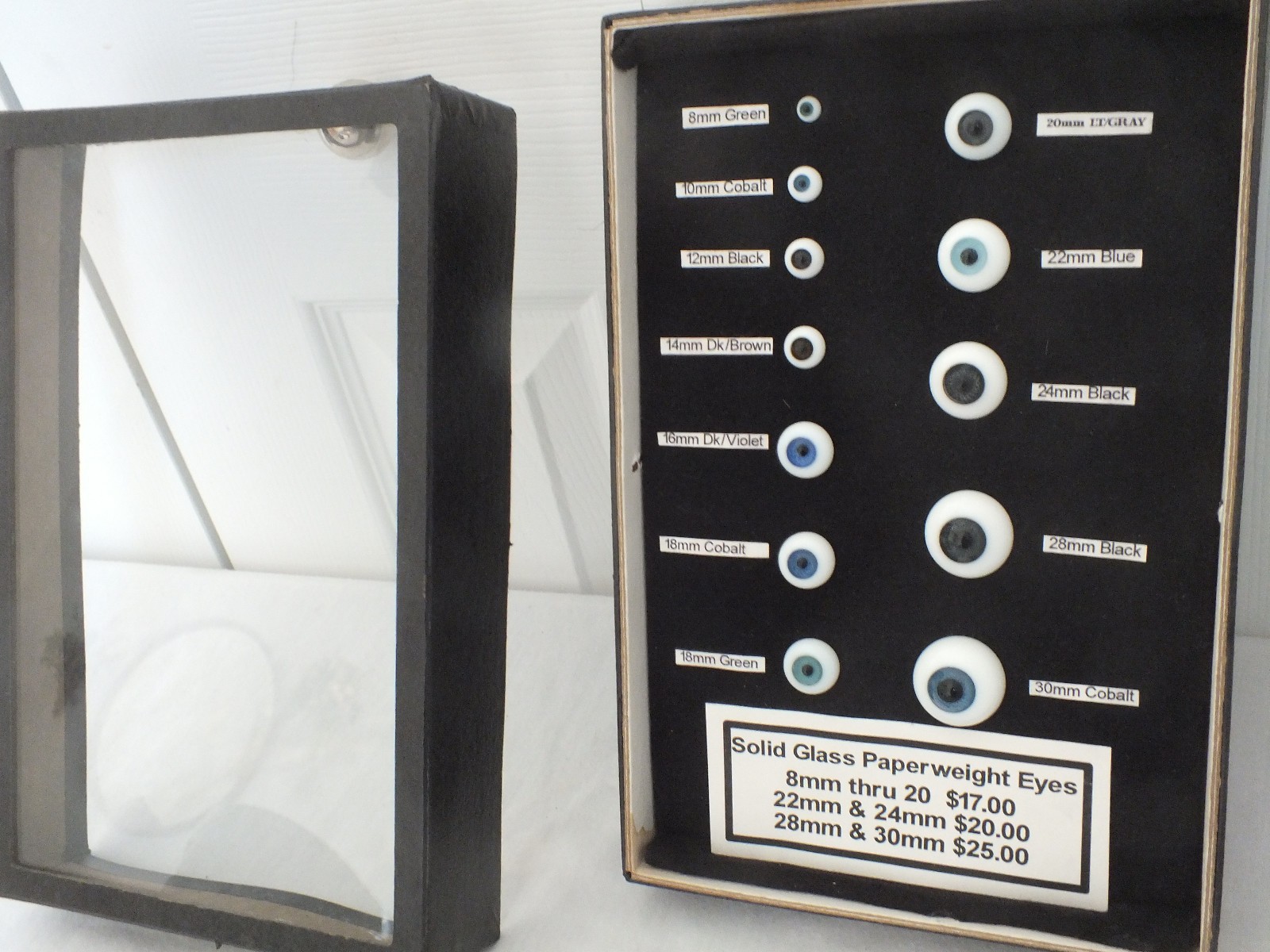 GLASS PAPERWEIGHT DOLL EYES eyeball Store DISPLAY cardboard glass front case vtg