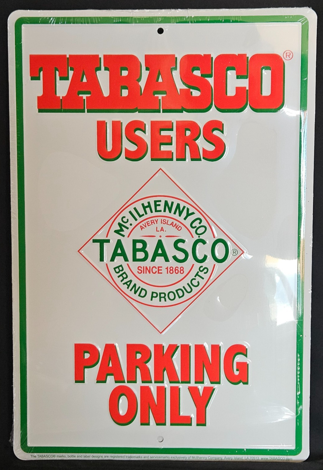 Metal Tabasco Pepper Sauce McIlhenny Co. Parking Sign. New. White, Green, Red.