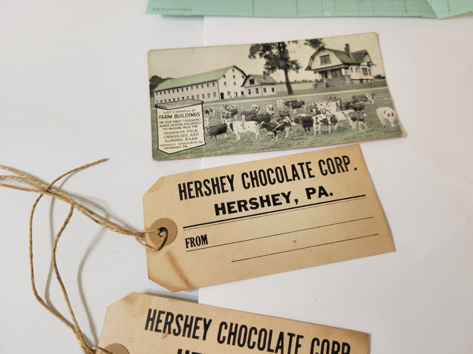 RARE Misc Hershey Memorabilla : Postcard, Tags, and Milk Statement 1924