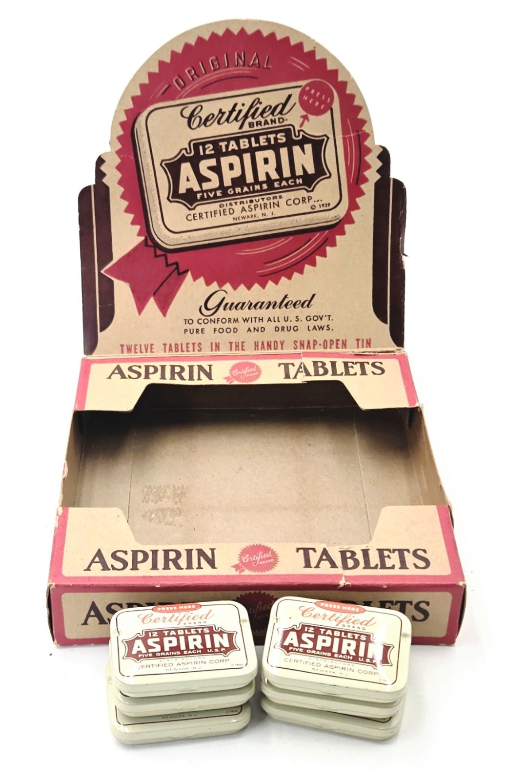 Vtg 1939 Certified Brand Aspirin Counter Display Box Cardboard Sign & 6 Tins