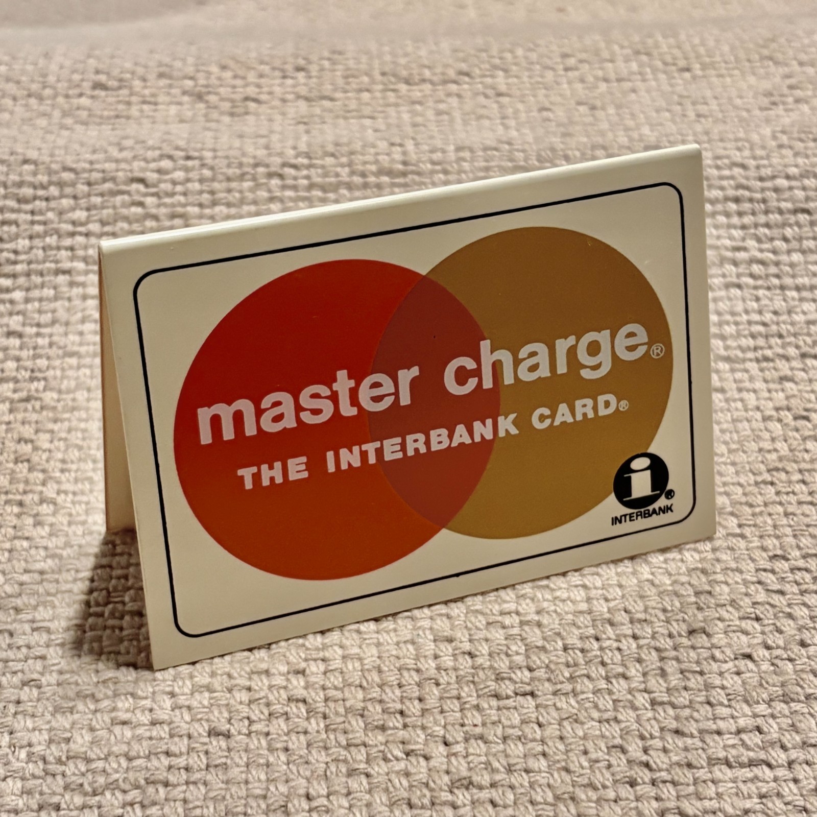 Vintage Master Charge Interbank Card Plastic Desk Table Tent Sign Double Sided