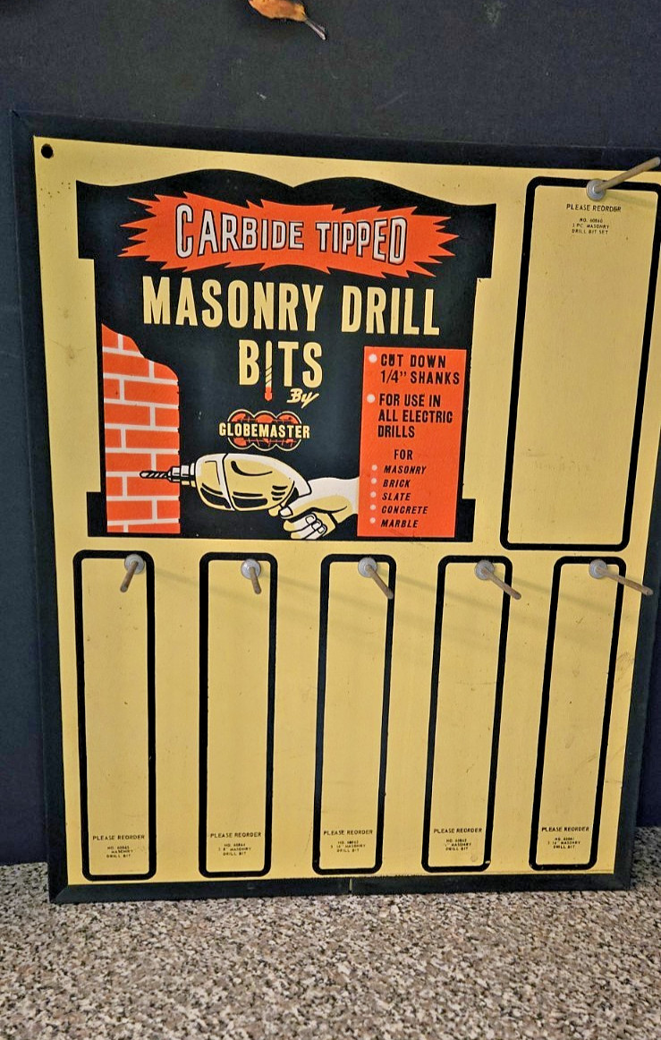 RARE VINTAGE 6o’s GLOBEMASTER DRILLBIT HARDWARE STORE DISPLAY SIGN
