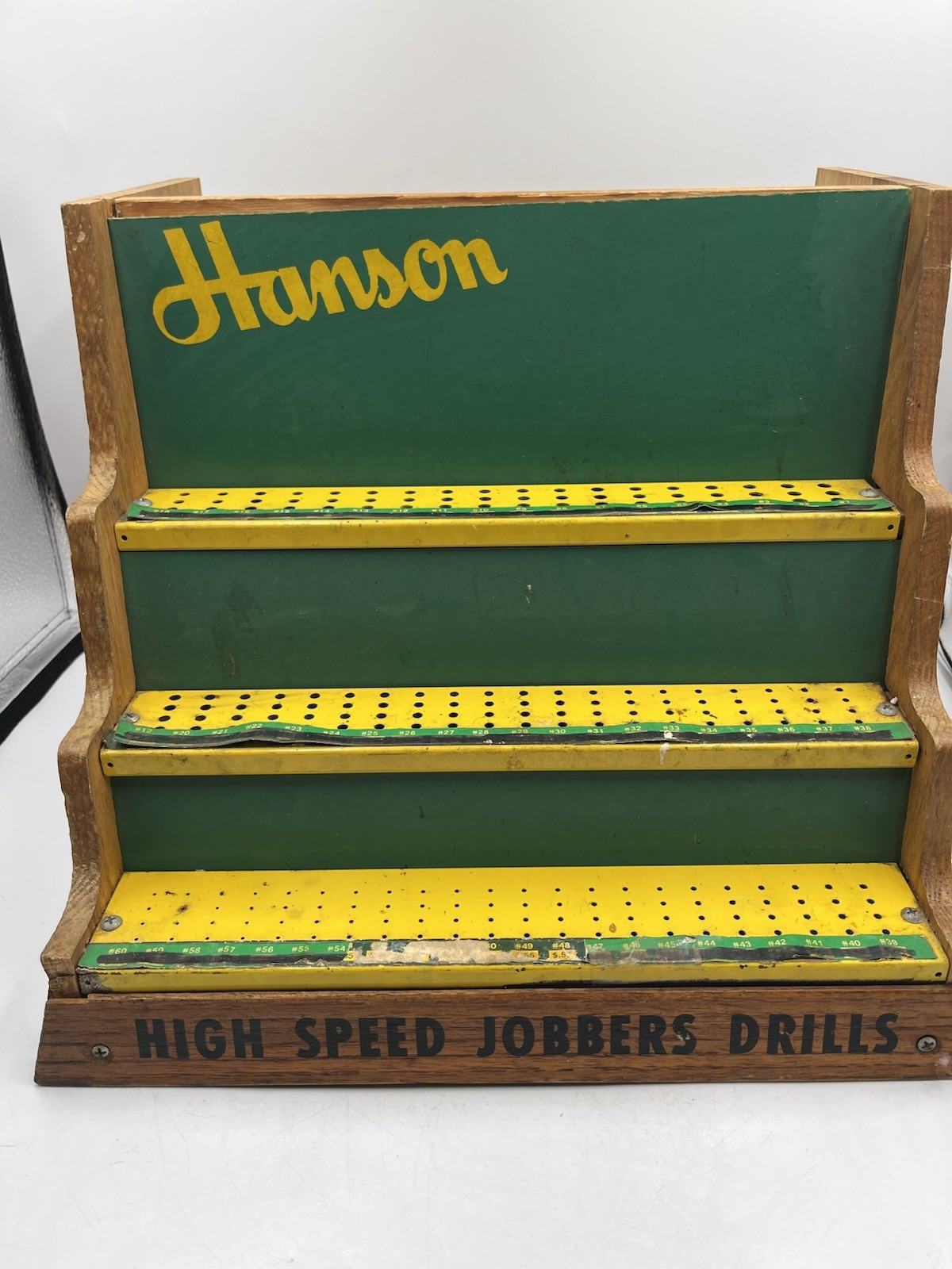 Vintage Oak Wood Hardware Store Display Hanson HIGH SPEED JOBBERS DRILLS SEE