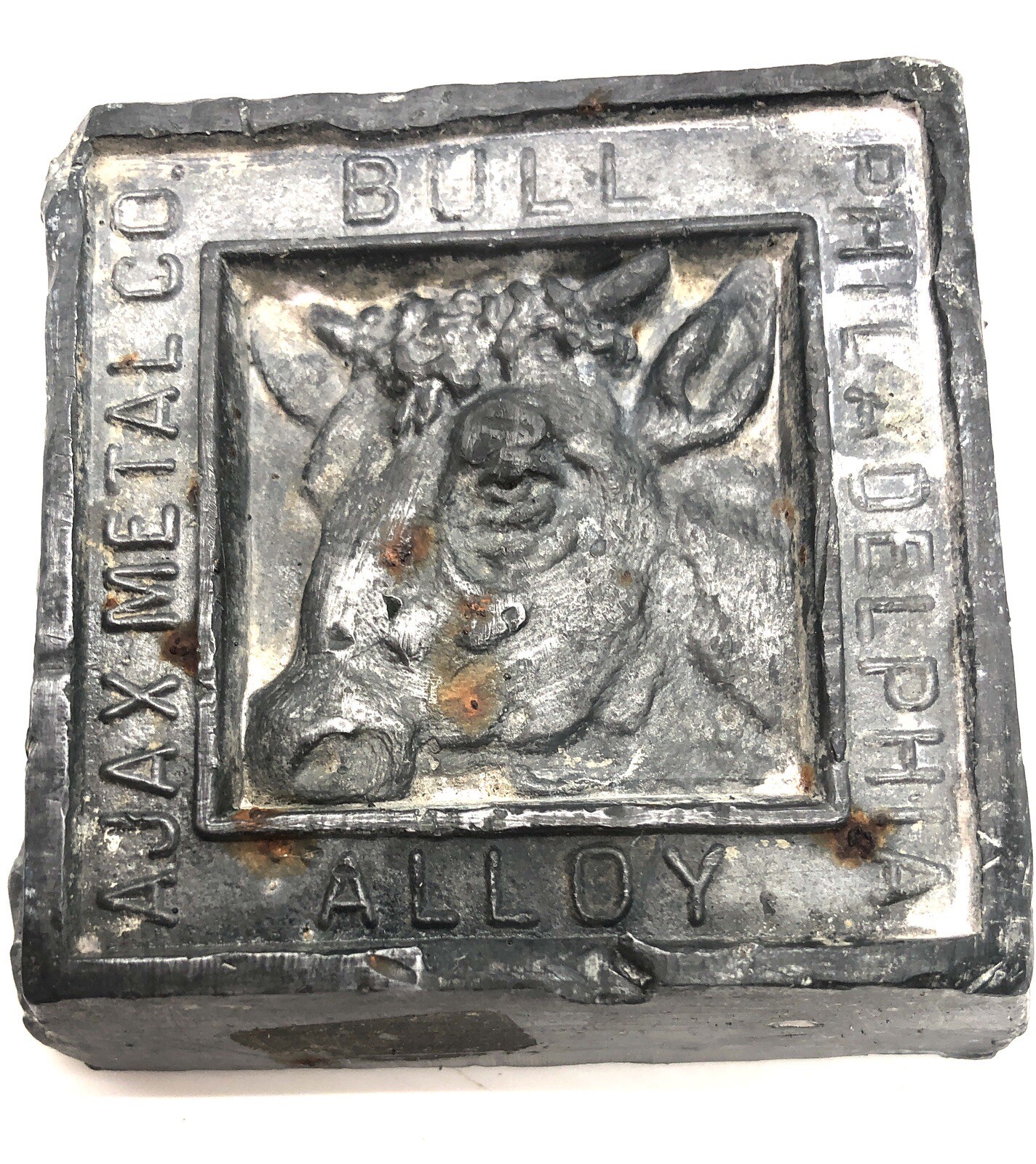 AJAX METAL Co BULL ALLOY PHILADELPHIA Old Advertising Paperweight Store Display