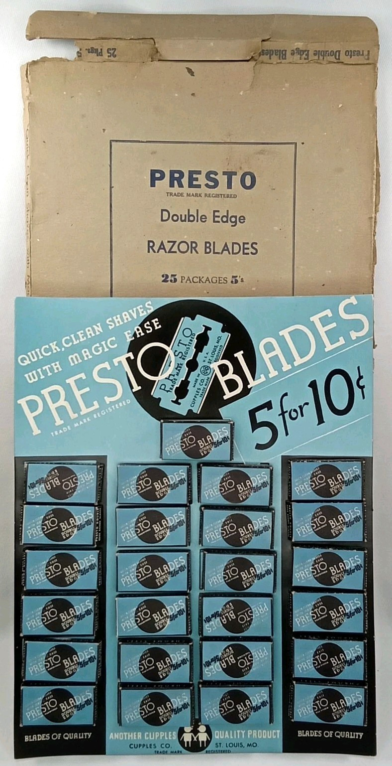 Vintage 1940s Presto Razor Blades Store Display With Original Box & Product NOS
