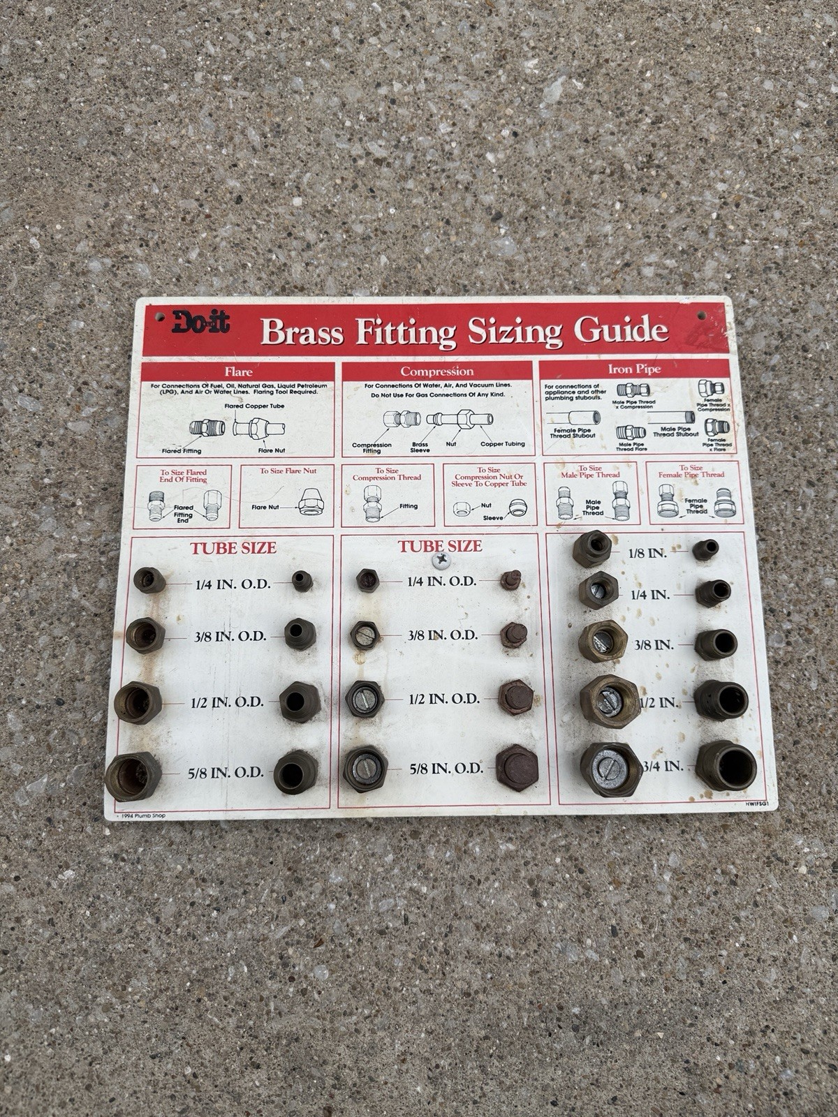 Do-It Best Brass Fitting Sizing Guide Store Display, Vtg 1994 Counter Sign