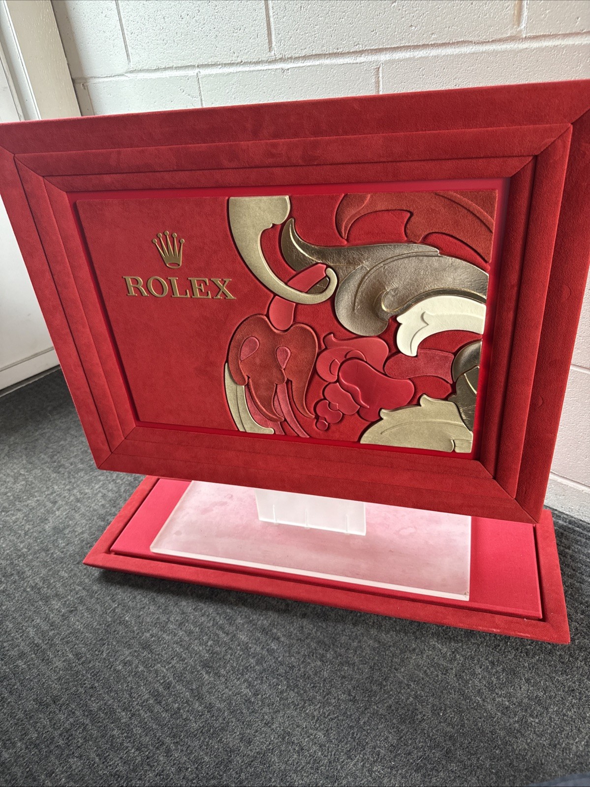 Original Rolex Dealer Display Set Red Velvet Floral Sign w/ Base 26.5” x 20.5”