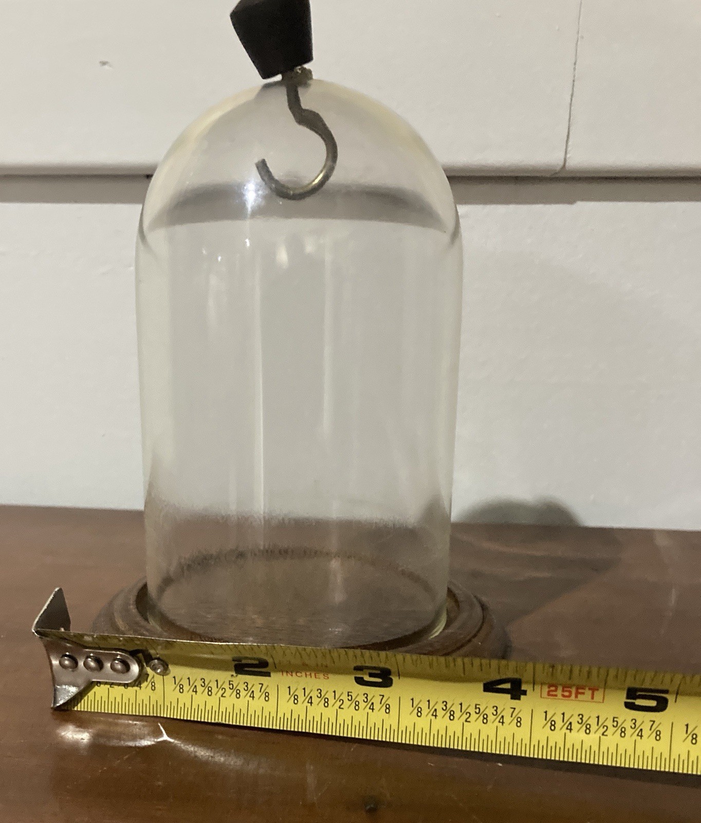 Glass Display Dome on Round Wood Base with Hook For Display 6” x 4″