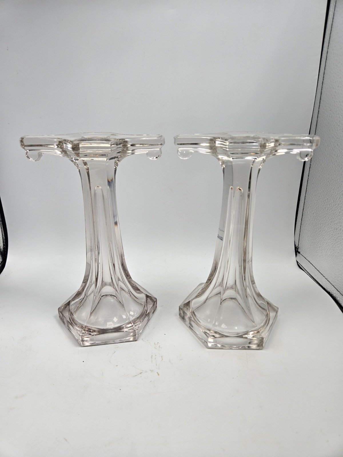 Pair Vintage Crystal Glass Shelf Pedestals Soda Shop Display Stands