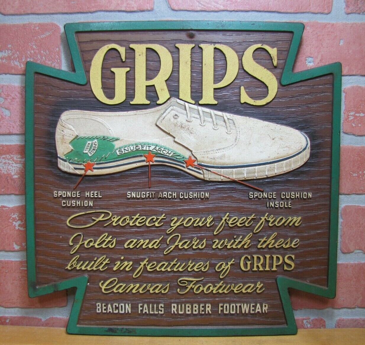 GRIPS CANVAS SNEAKERS BEACON FALLS RUBBER FOOTWEAR Old Shoe Store Ad Sign USA