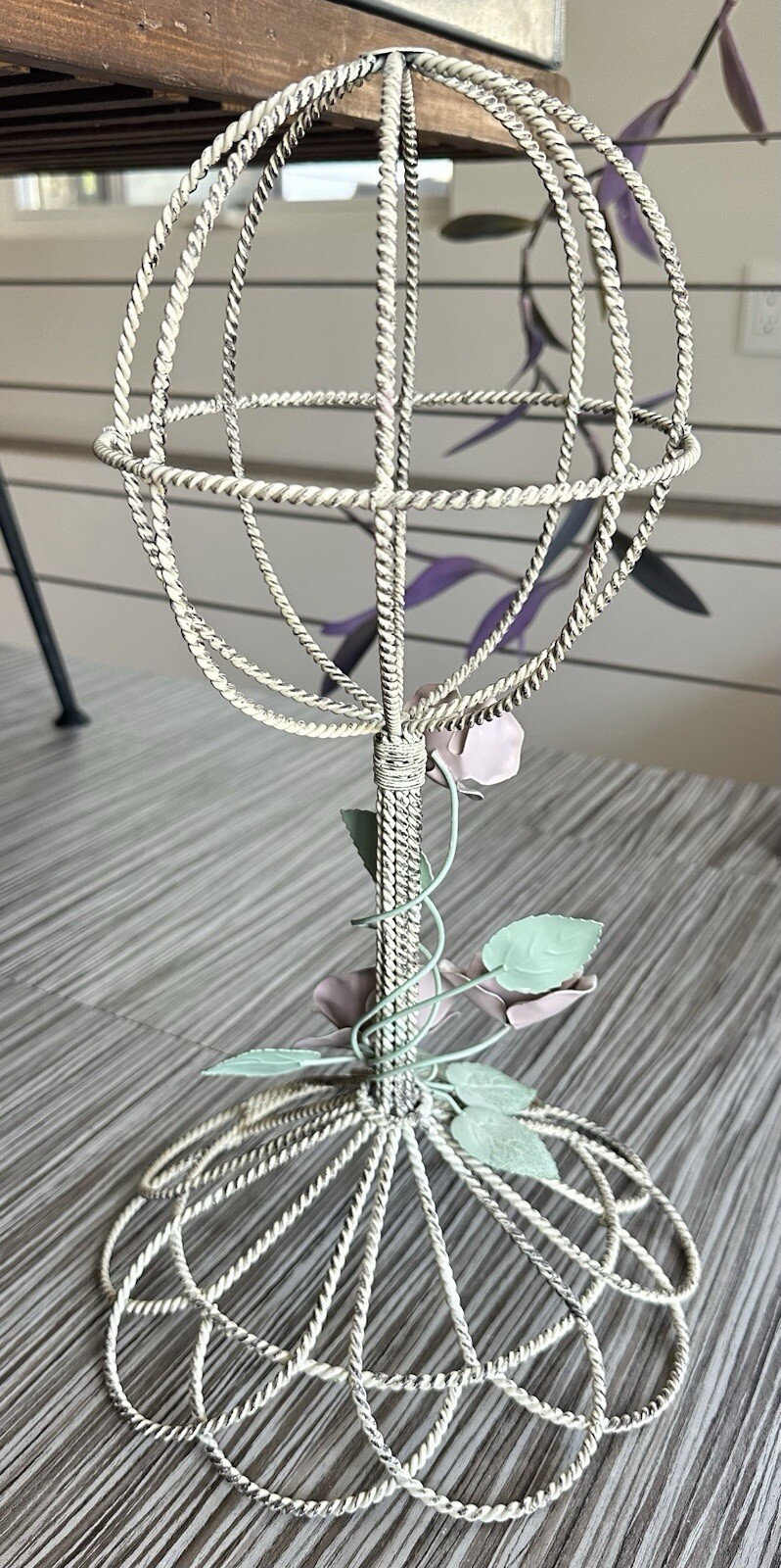 Vintage Antique Twisted Wire Metal Tole White & Pink Rose Hat Stand