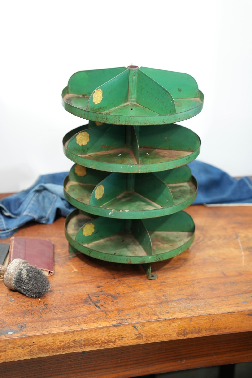 Antique Rotating Store Counter Display Rack Jewelry Stand Vintage Green