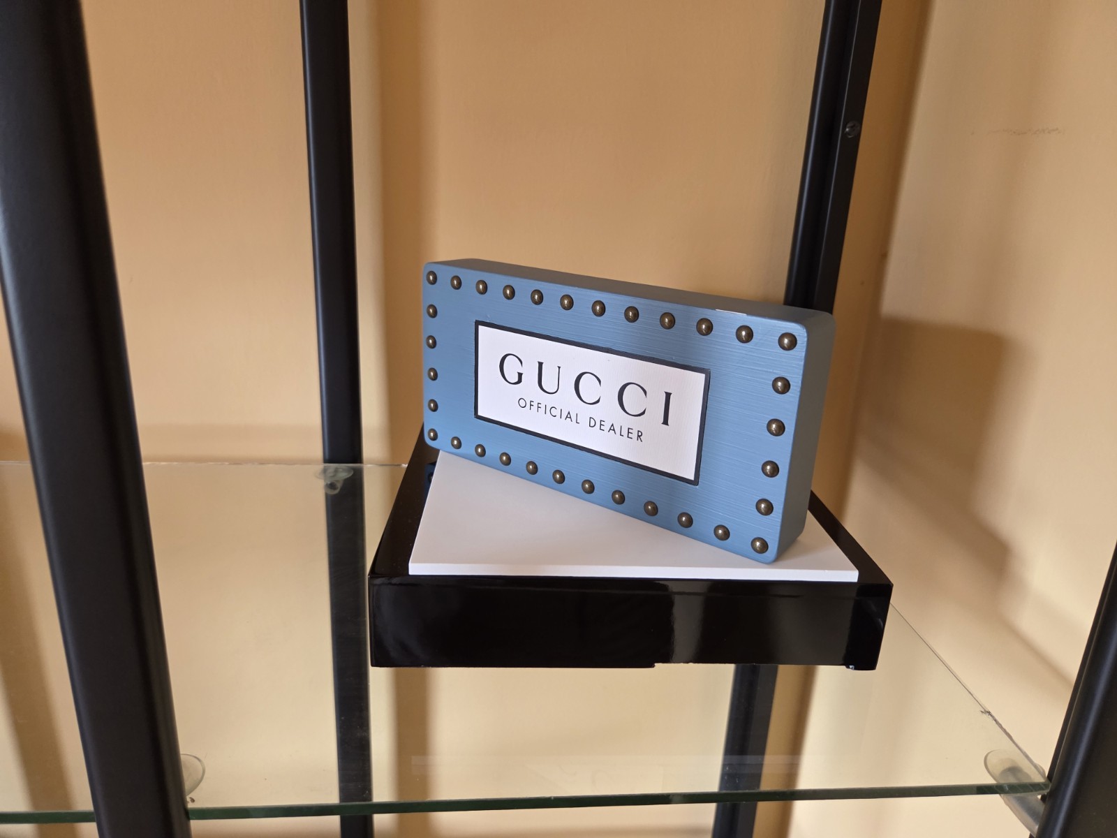 GUCCI OFFICIAL DEALER SUNGLASSES EYEGLASSES LOGO DISPLAY PLAGUE SIGN BLUE &WHITE