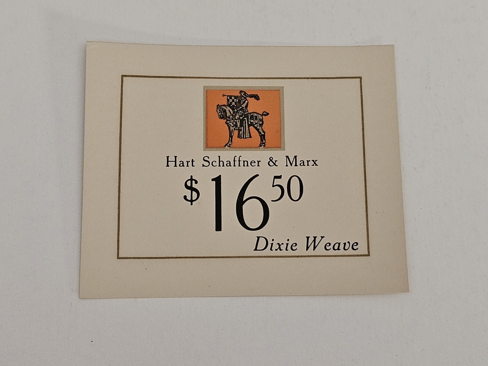 Vintage Hart Schaffner & Marx $16.50 Price Ticket Tag Dixie Weave