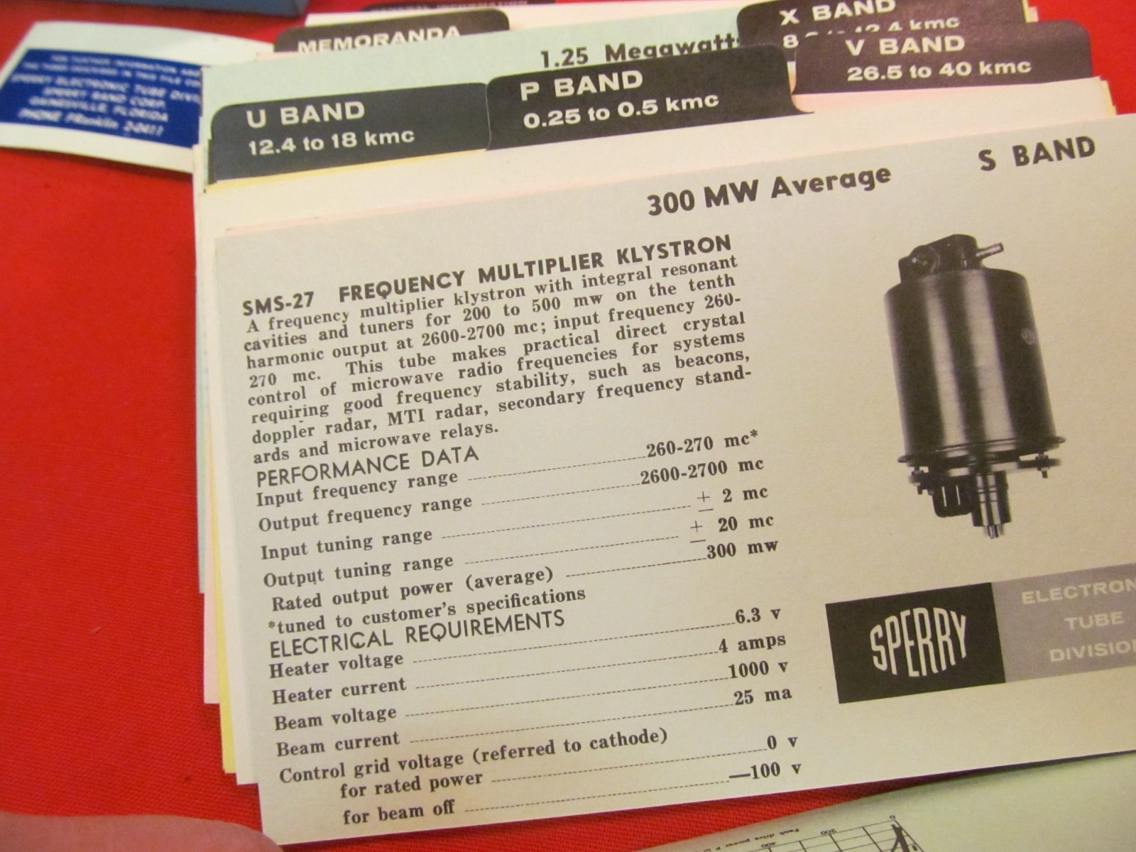 RARE SPERRY SPECI-FILE ELECTRONIC TUBE DIVISION SPECIFICS ON INDEX CARDS