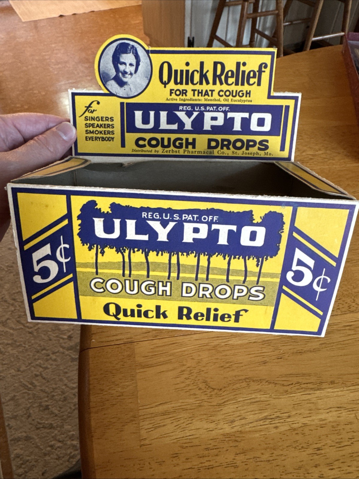 Ulypto Cough Drops Zerbst St Joseph MO Drug Grocery Store Display 1930s NOS Look