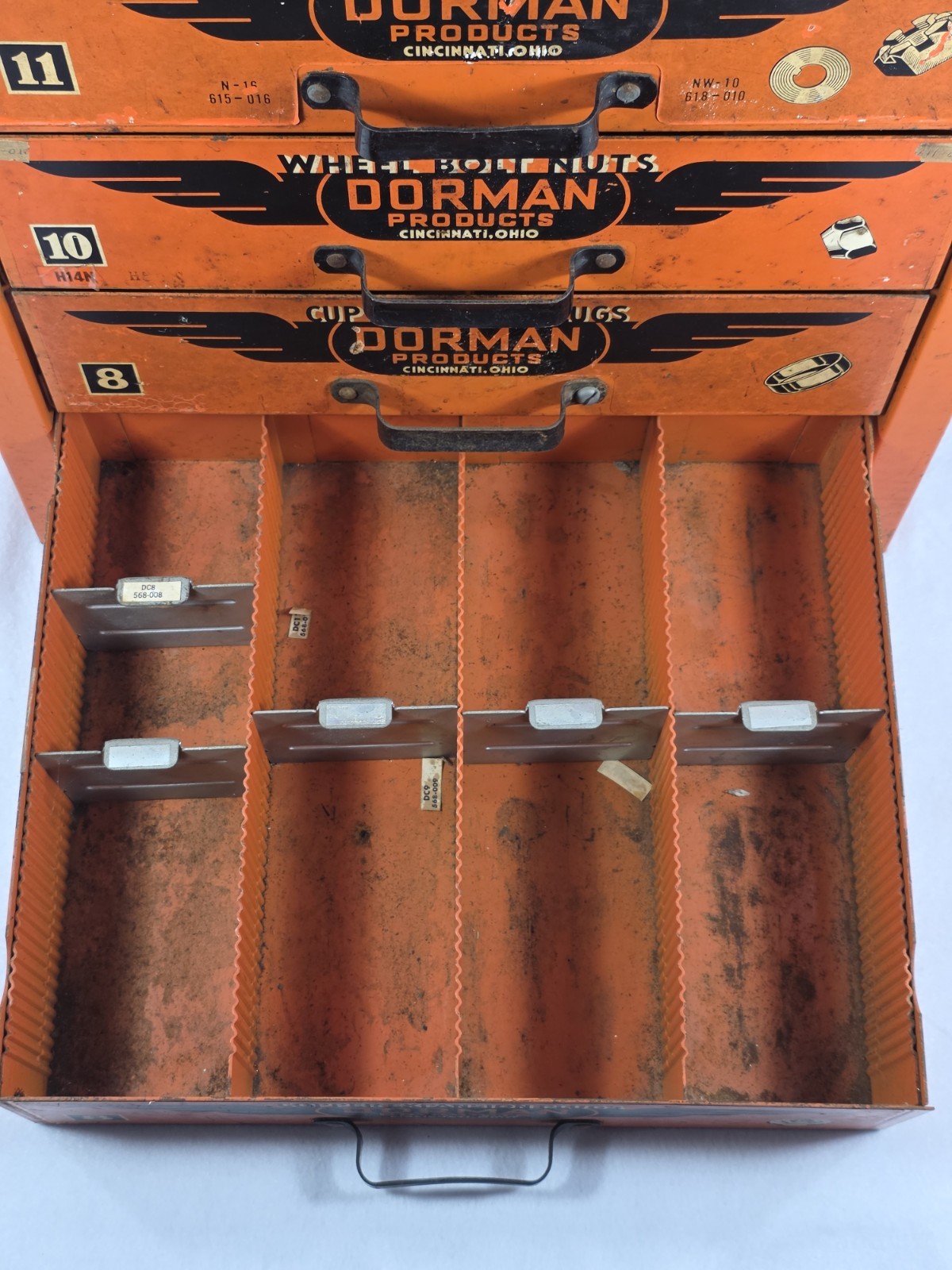 VTG Dorman Auto Parts Bin 4 Drawer Cabinet Counter Orange Tool Organizer