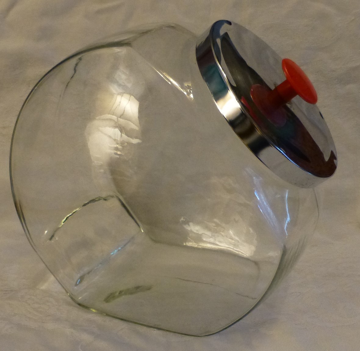 VTG 10″ Glass General Store Counter Display Candy Tilt Jar Metal Lid Red Knob