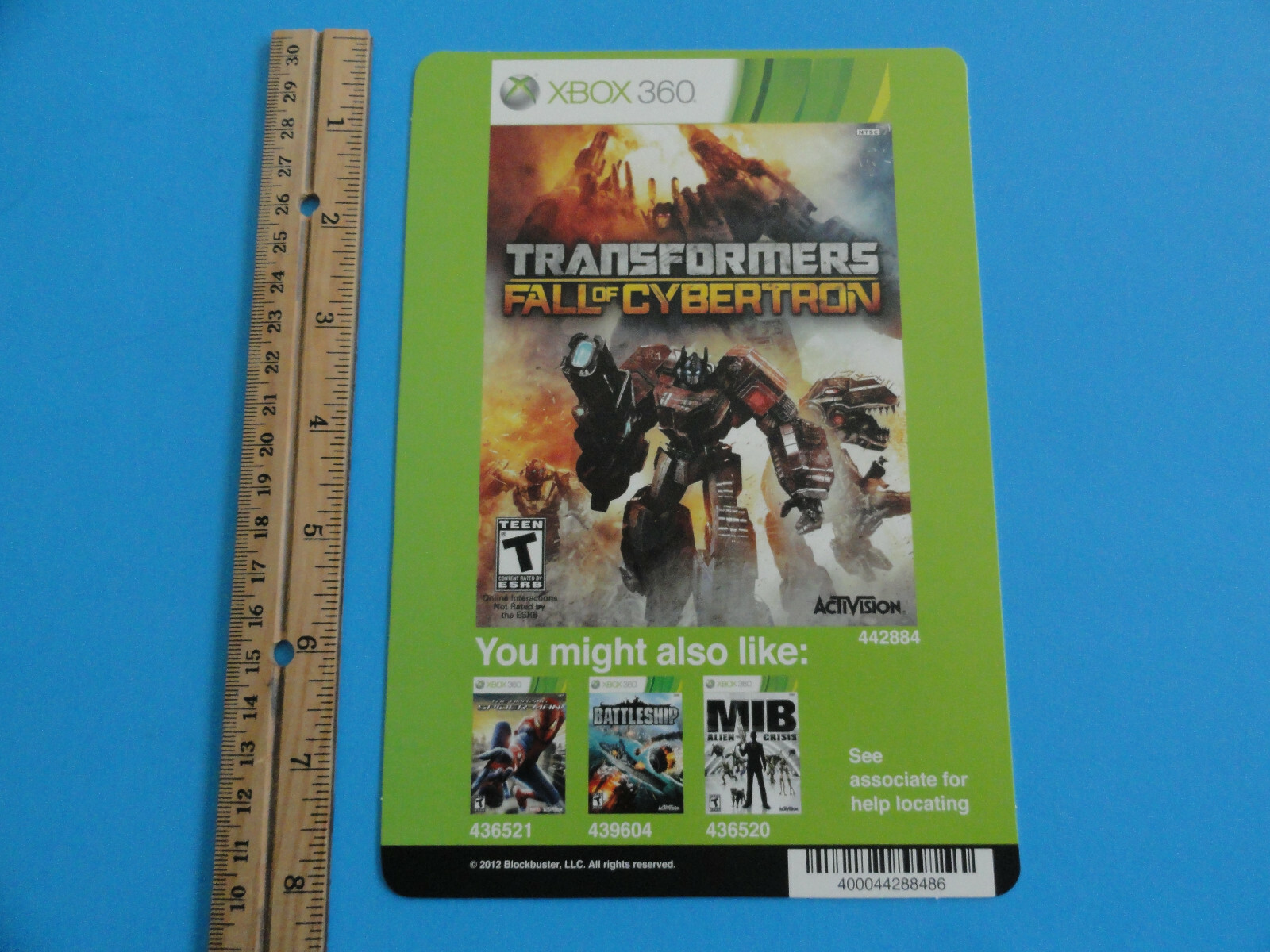 XBOX 360 TRANSFORMERS FALL OF CYBERTRON BLOCKBUSTER VIDEO BACKER CARD -NO GAME