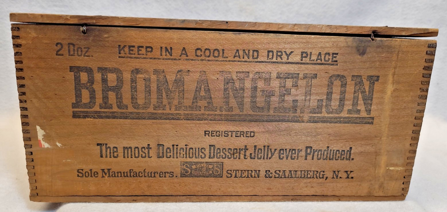 Antique Bromangelon Jelly Wooden Box Crate Stern & Saalberg Vintage Advertising
