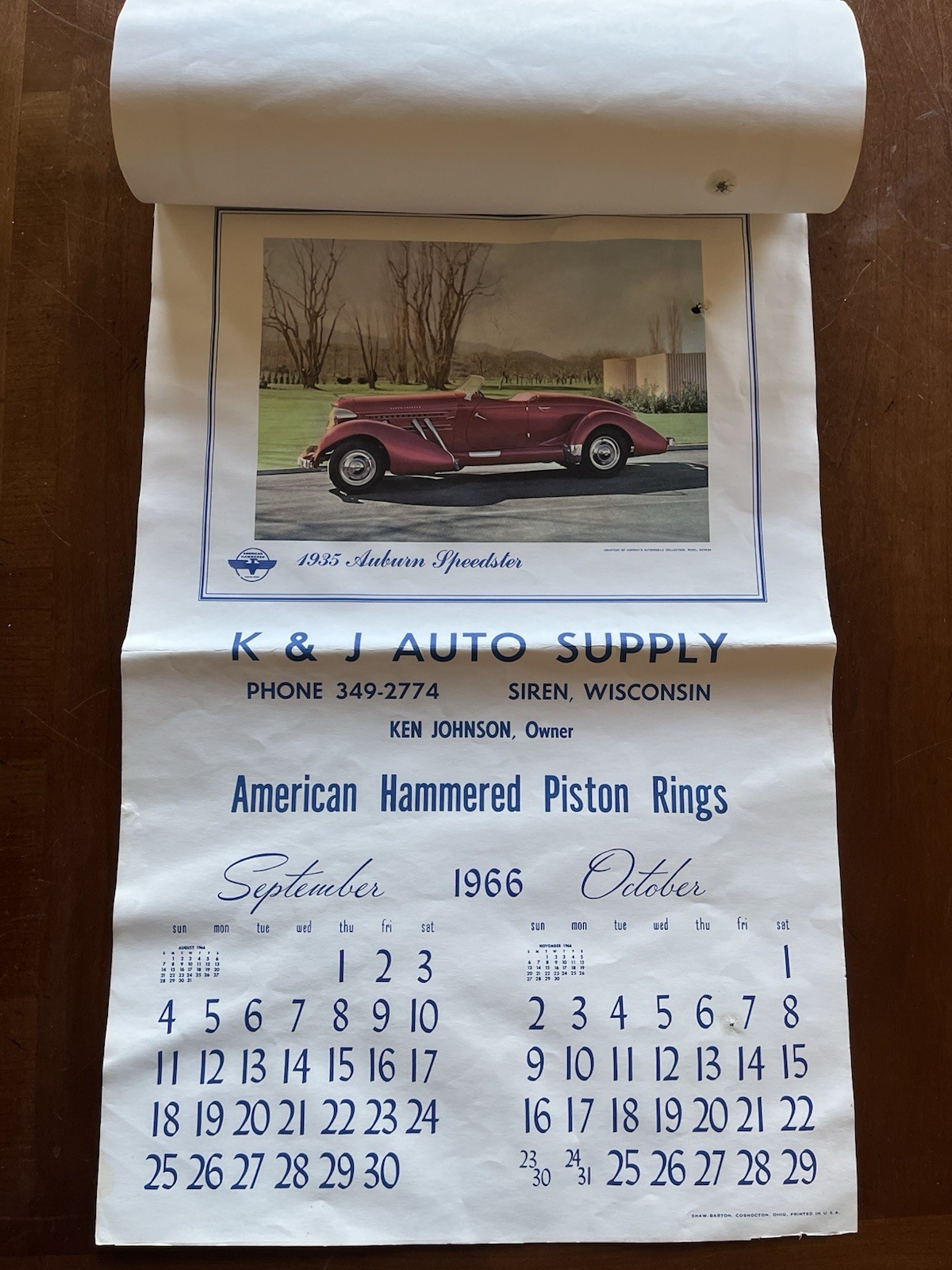 1966 American Hammered Piston Rings Calendar K&J Auto Supply Display Siren WI