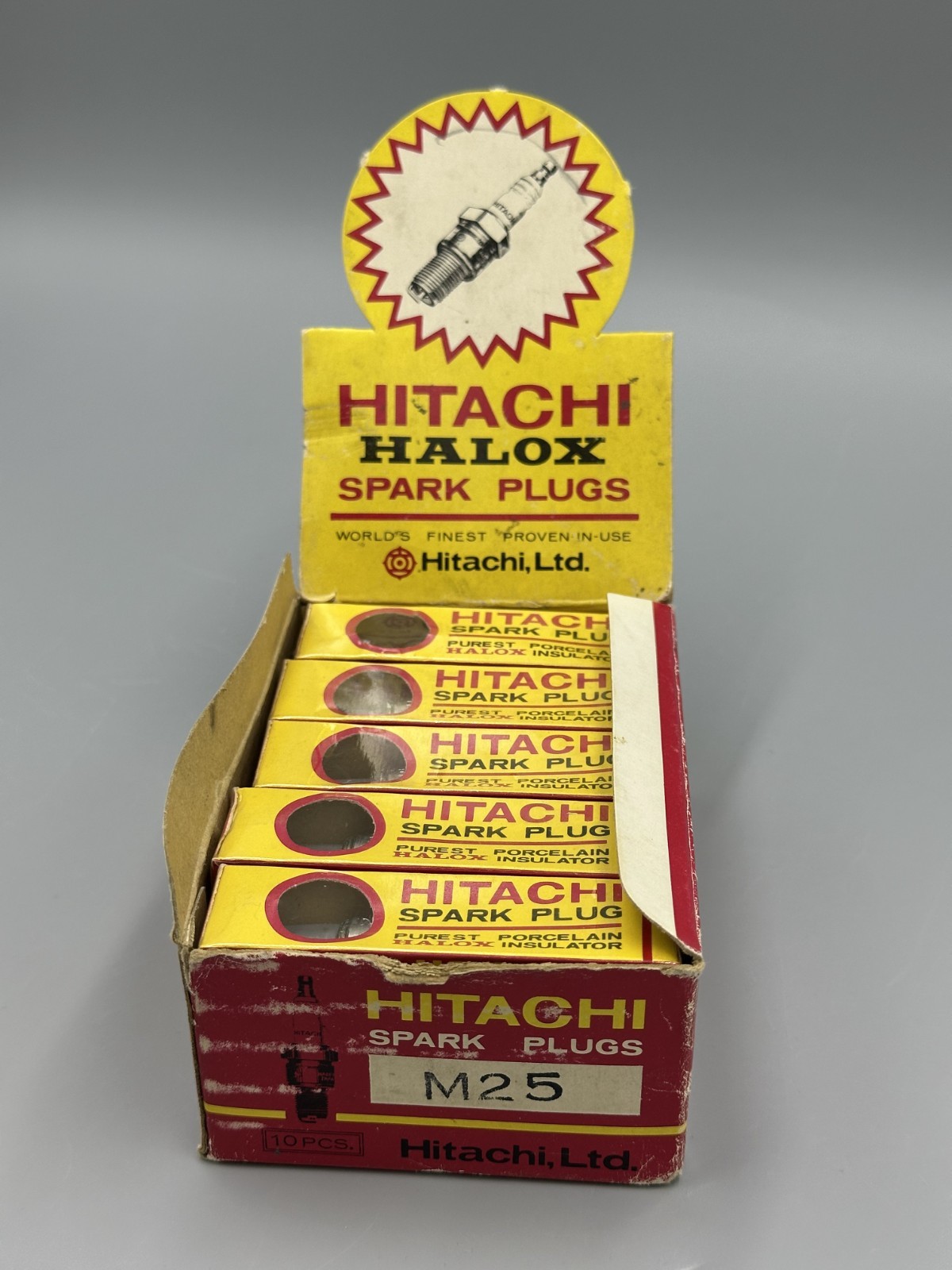 Vintage HITACHI SPARK PLUGS M25 Store Display Box of 10 NOS