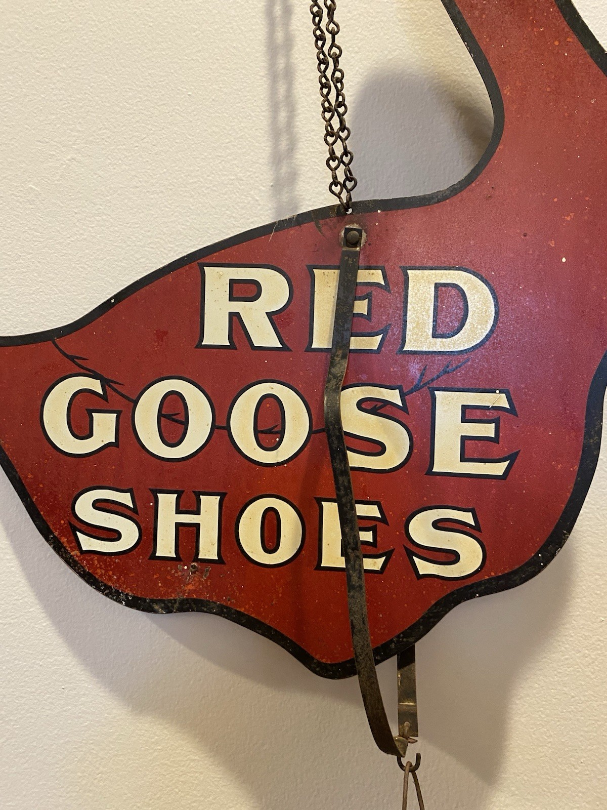 Old RED GOOSE SHOES String Dispenser Hanging Sign Display Vintage Advertising