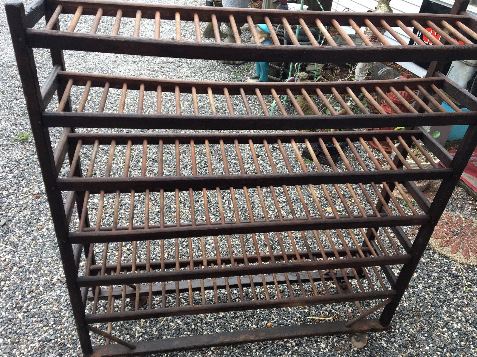 ANTIQUE SHOE RACK DISPLAY OAK WOOD CASTERS