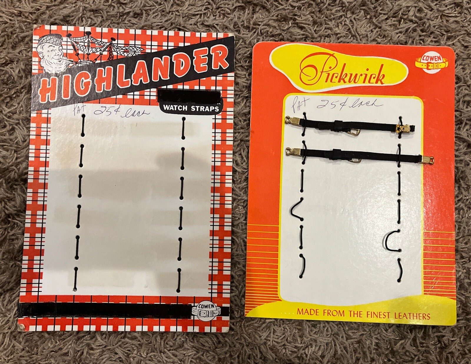 Lot Of 2 Vintage Watch Band Cardboard Store Display Pickwick Highlander Cowen