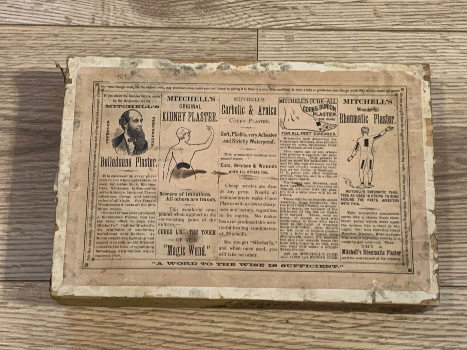 Late 1800s Mitchell’s Perforated Plaster Wood Advertising Drawer Box Drugstore