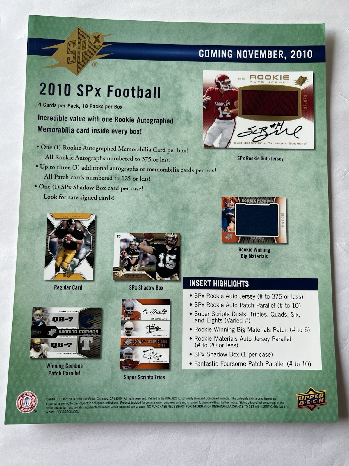 2010 UPPER DECK SPX FOOTBALL DEALER ADVERTISING SHEET SAM BRADFORD