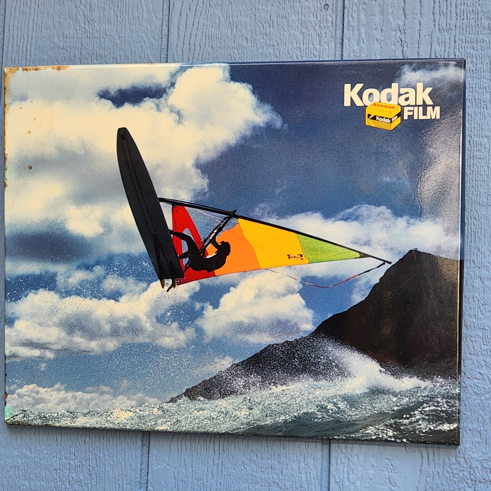 Vtg Kodak 80s Metal Display Sign Easelback Windsurfer Wind Surfing Hawaii 20″x16