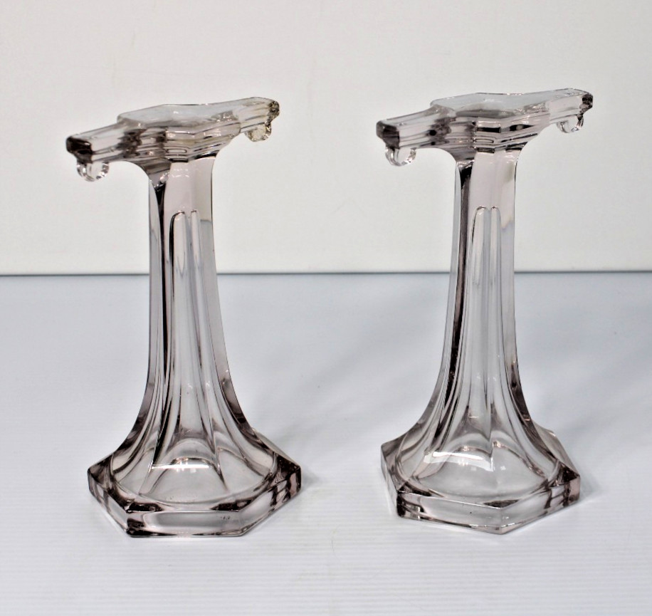 Antique Clear Glass Shelf Risers, Pedestals, Store Display Columns Pair 9″H