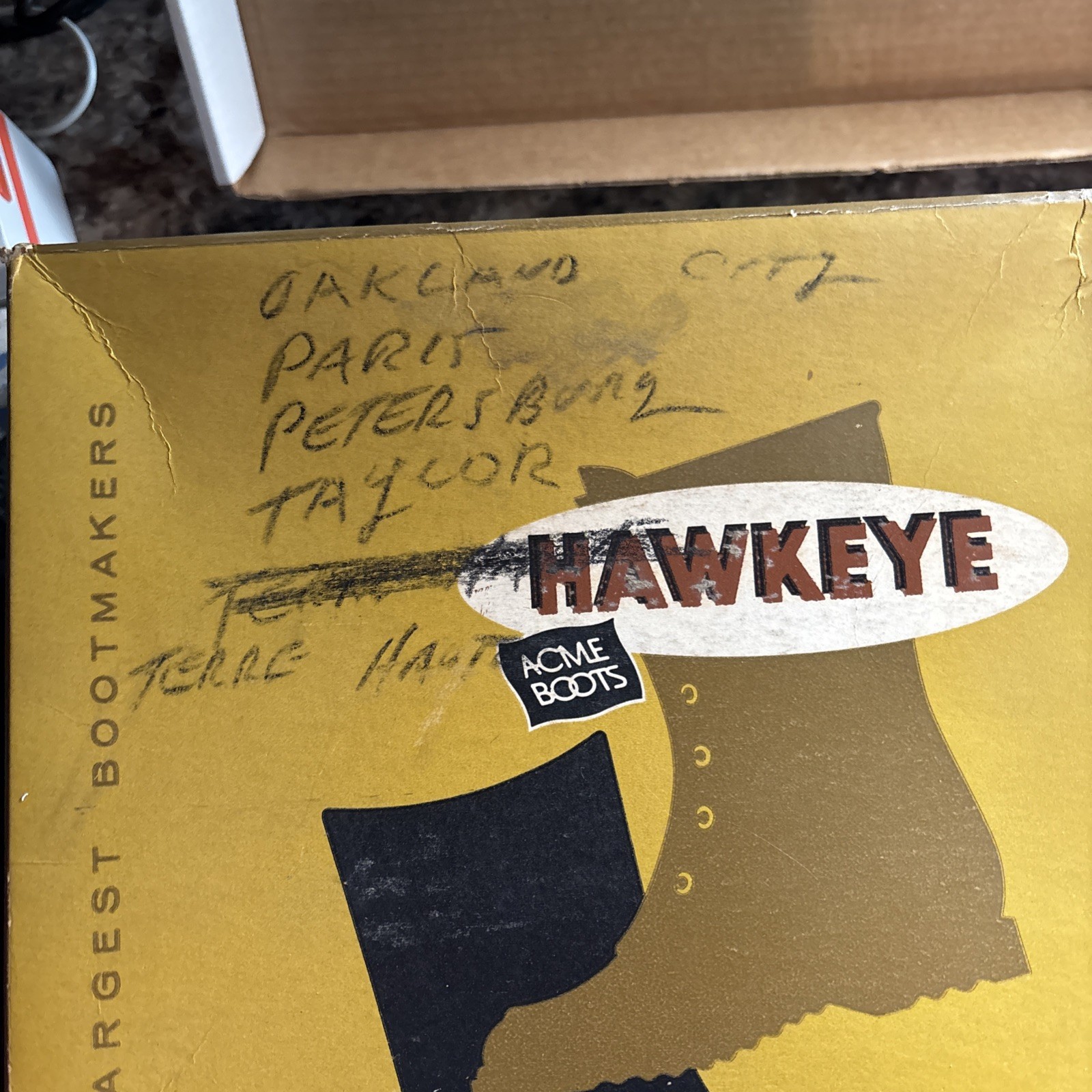 2 Vtg Acme Boots Hawkeye Box Graphics Advertising 12×13 Empty Boxes. See Desc.