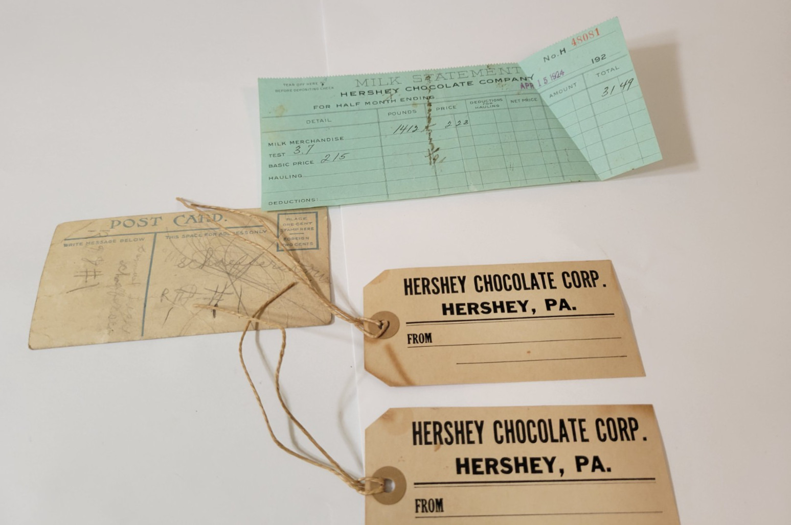 RARE Misc Hershey Memorabilla : Postcard, Tags, and Milk Statement 1924