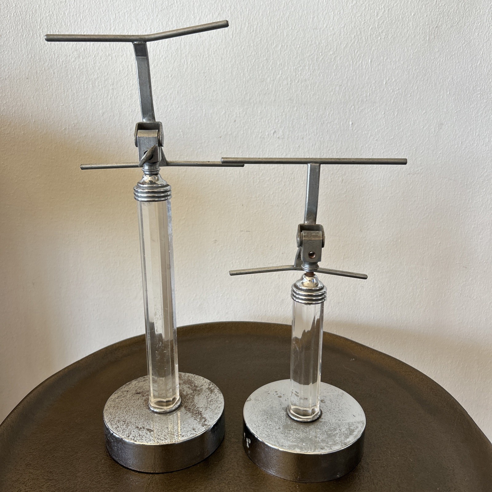 Set of 2 Vintage Shoe Display Stand Mercantile Art Deco Chrome Acrylic? AS IS