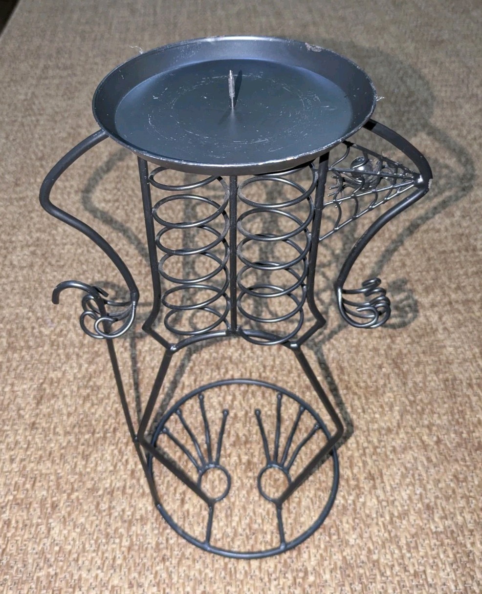 Large Black Metal Skeleton Pumpkin / Candle Holder Stand Halloween Dish Bowl Vtg