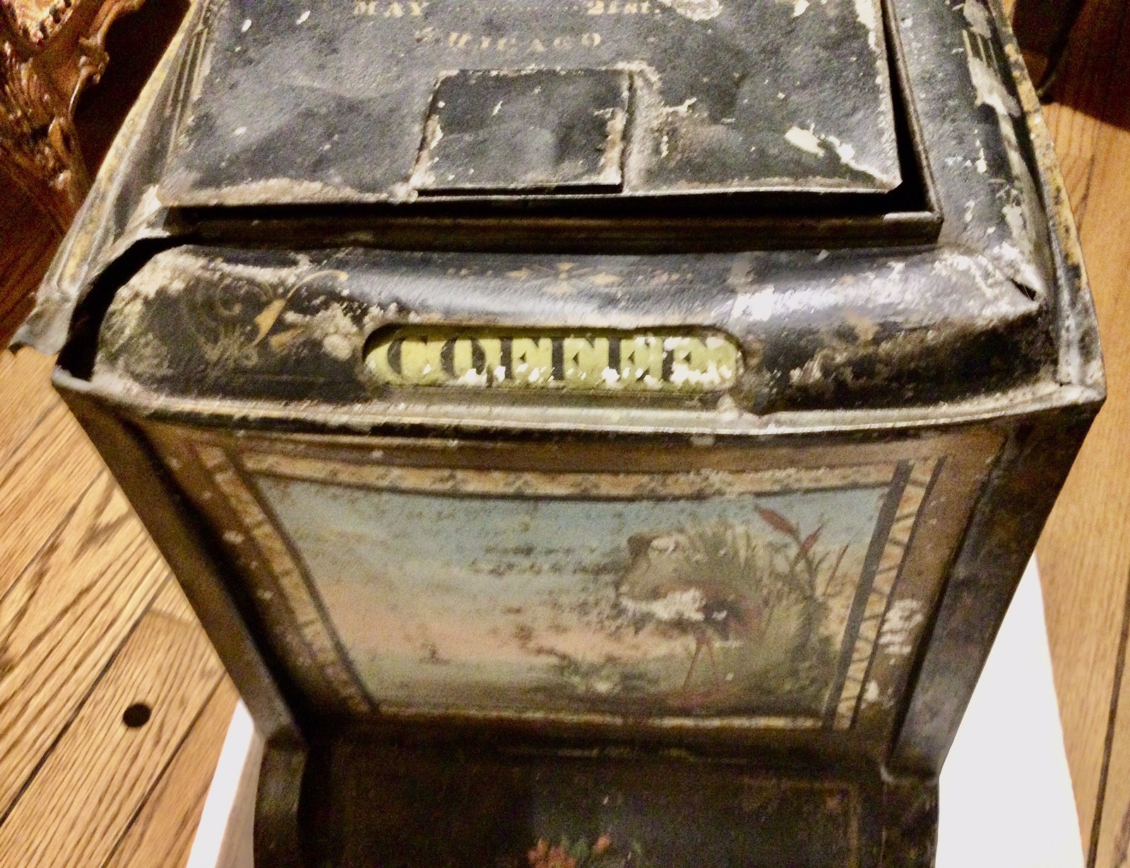ANTIQUE 1880 NORTON BROS CHICAGO GENERAL STORE COUNTER TIN BIN DISPENSER➕MARQUEE