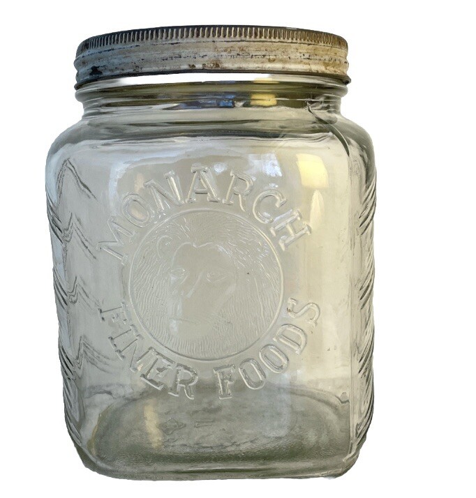 Large Vintage Monarch Finer Foods Jar Kitchen Canister Embossed Lion Head