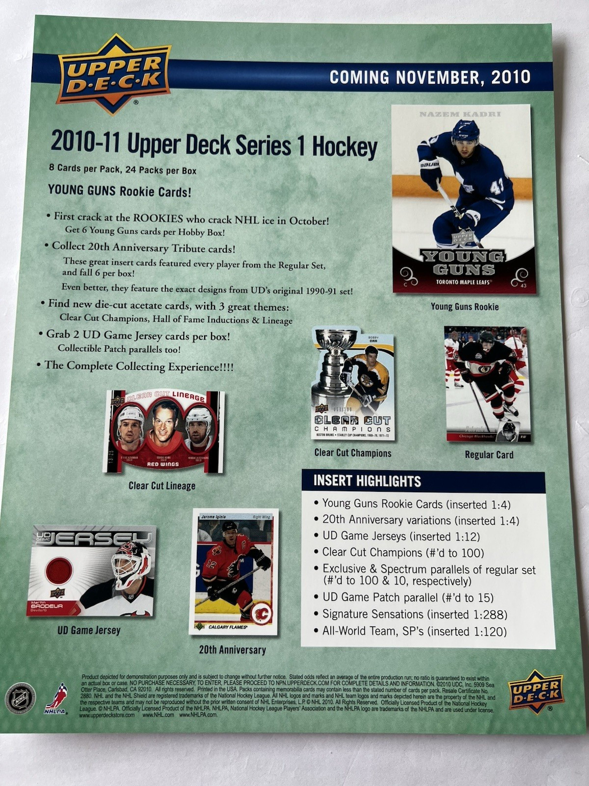 2010-11 UPPER DECK SERIES 1 HOCKEY DEALER ADVERTISING SHEET PATRICK KANE