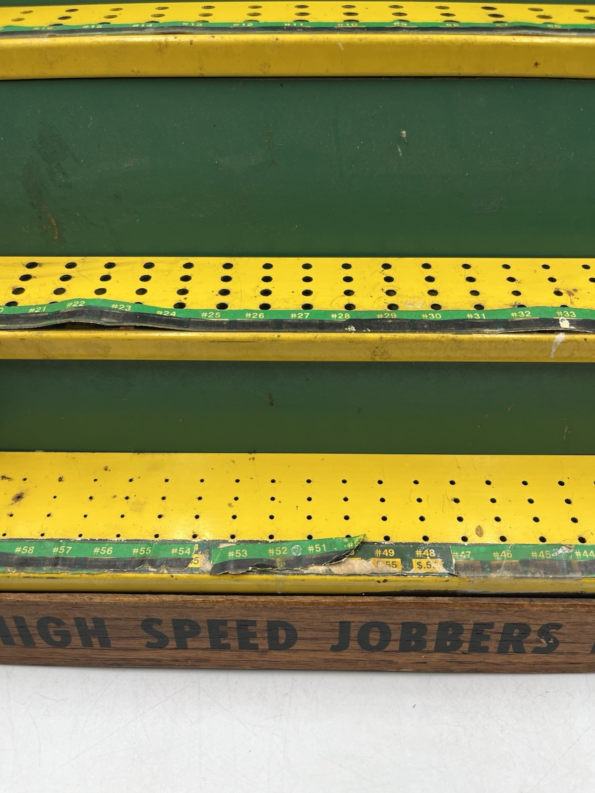Vintage Oak Wood Hardware Store Display Hanson HIGH SPEED JOBBERS DRILLS SEE