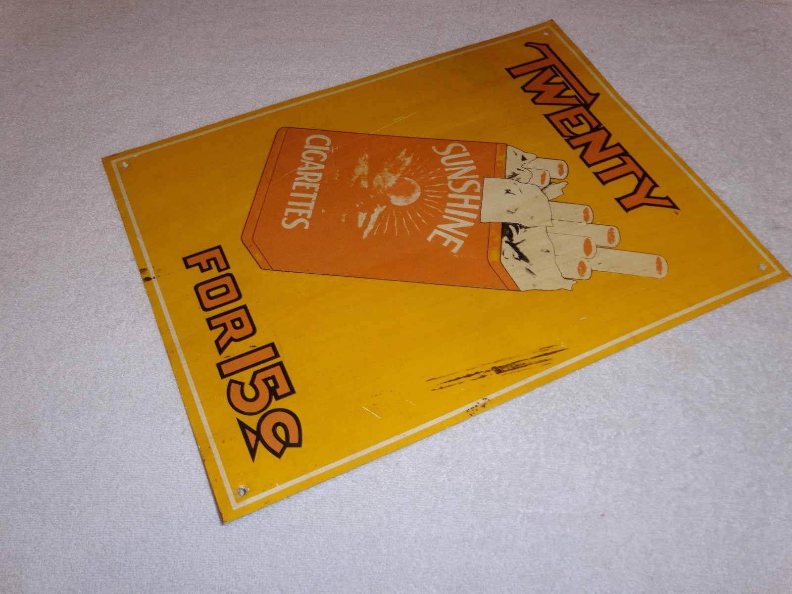 VINTAGE TWENTY SUNSHINE CIGARETTES FOR 15 CENTS 18″ X 13 3/4″ METAL TOBACCO SIGN