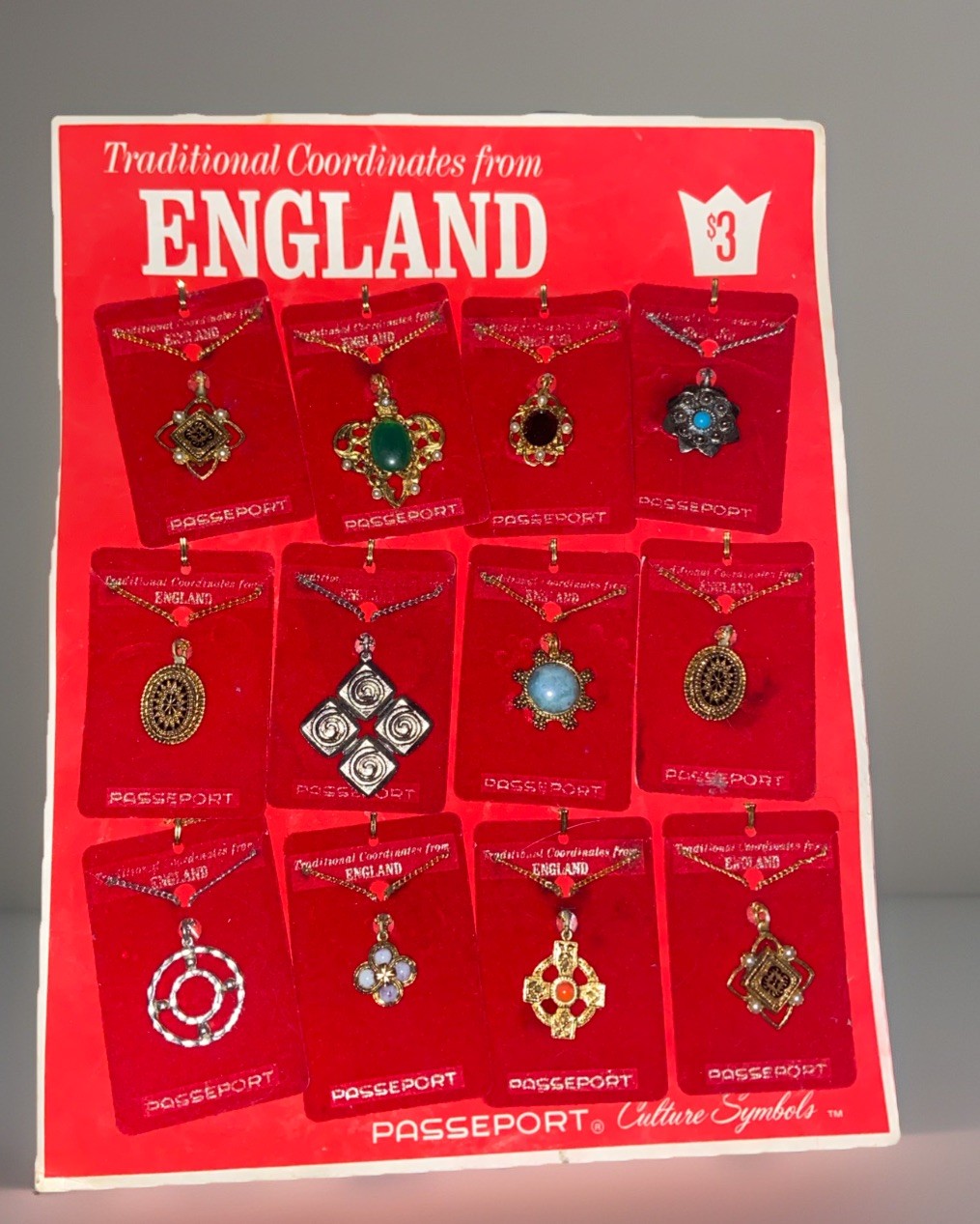 2- Vintage Dime Store Passport England 12 Necklace Full Display Costume Jewelry