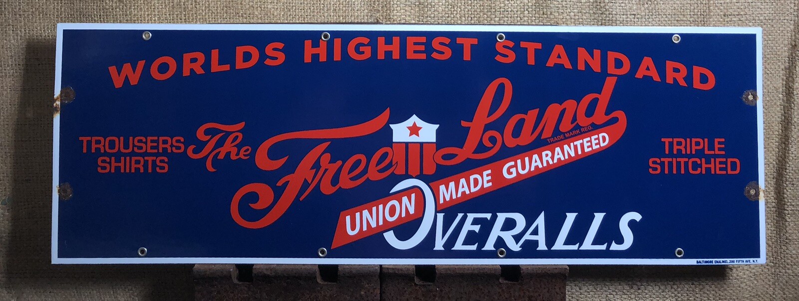 VINTAGE FREELAND OVERALLS 30” PORCELAIN SIGN CLOTHING UNION MADE TEXTILE FACTORY